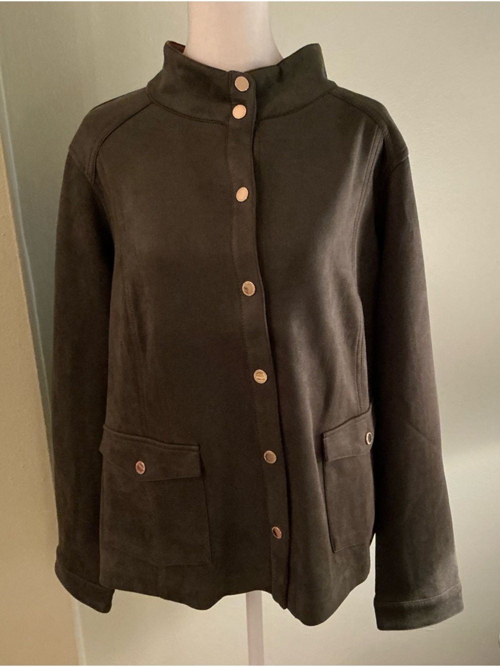 Isaac Mizrahi Olive Green Faux Suede  Snap-Front Utility Jacket 20W